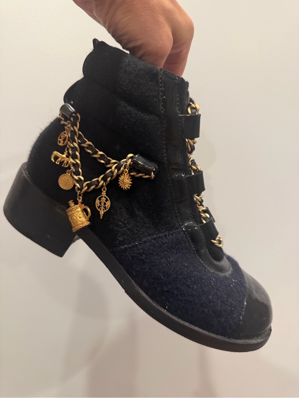 CHANEL Black & Gold Chain-Trim Ankle Booties